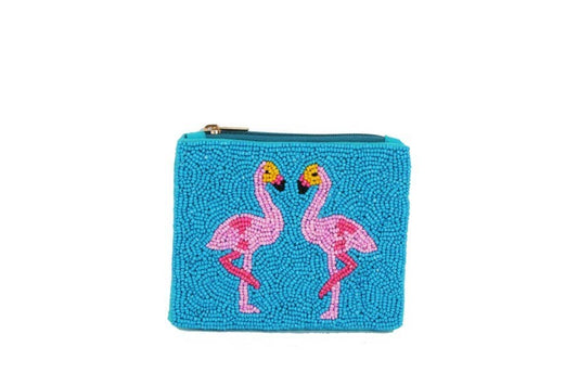 Blue Flamingo Beaded Coin Purse