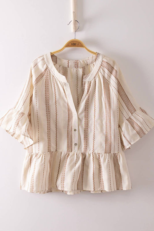 Mocha Striped Half Bell Sleeve Blouse Top