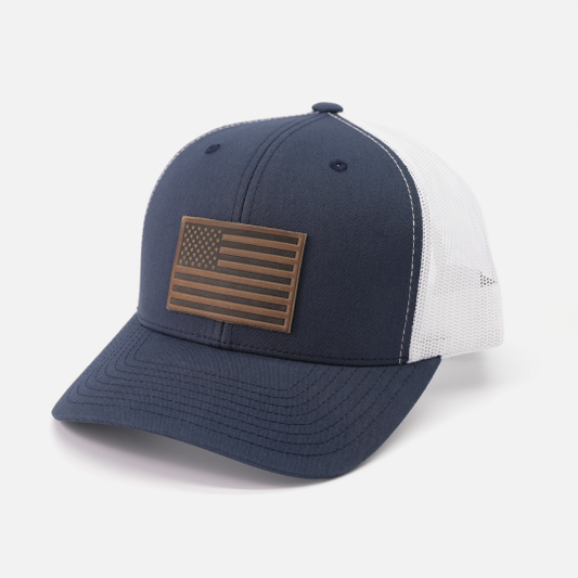 American Flag Leather Patch Hat - Navy / White