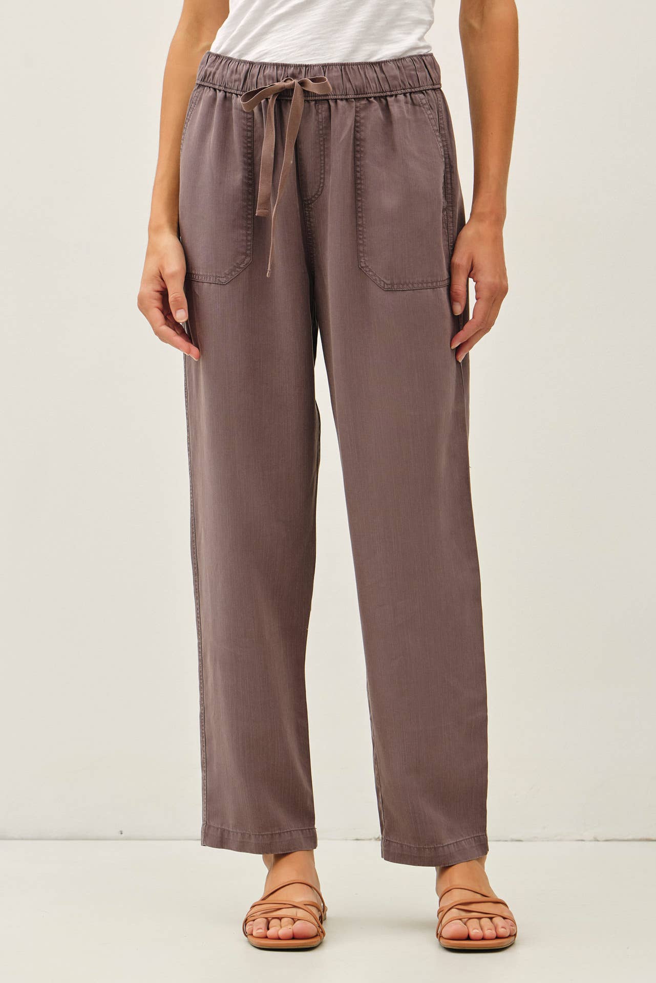 BROWN GREY TENCEL TAPERED PANTS