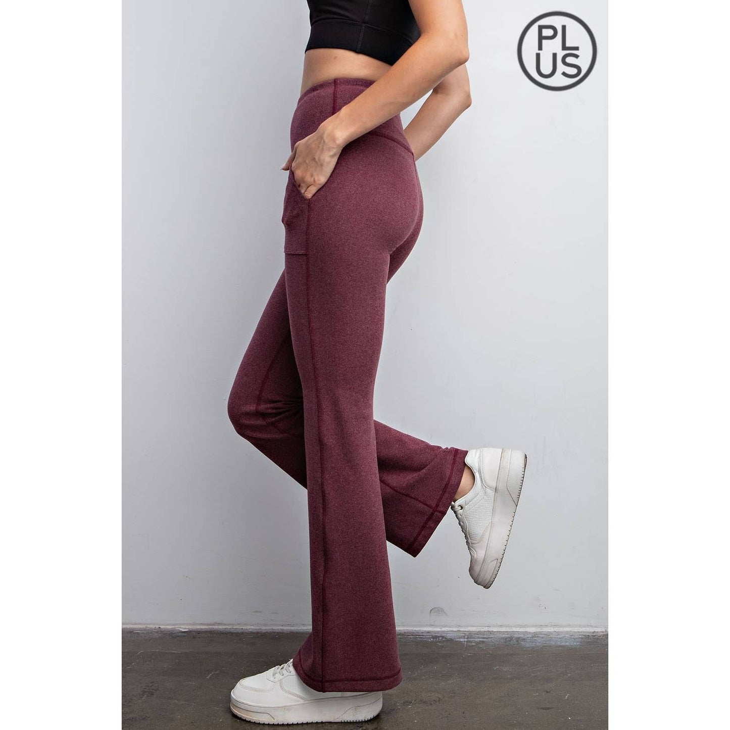 Cassis - Rib Brushed Bell Bottom Pants with Pockets