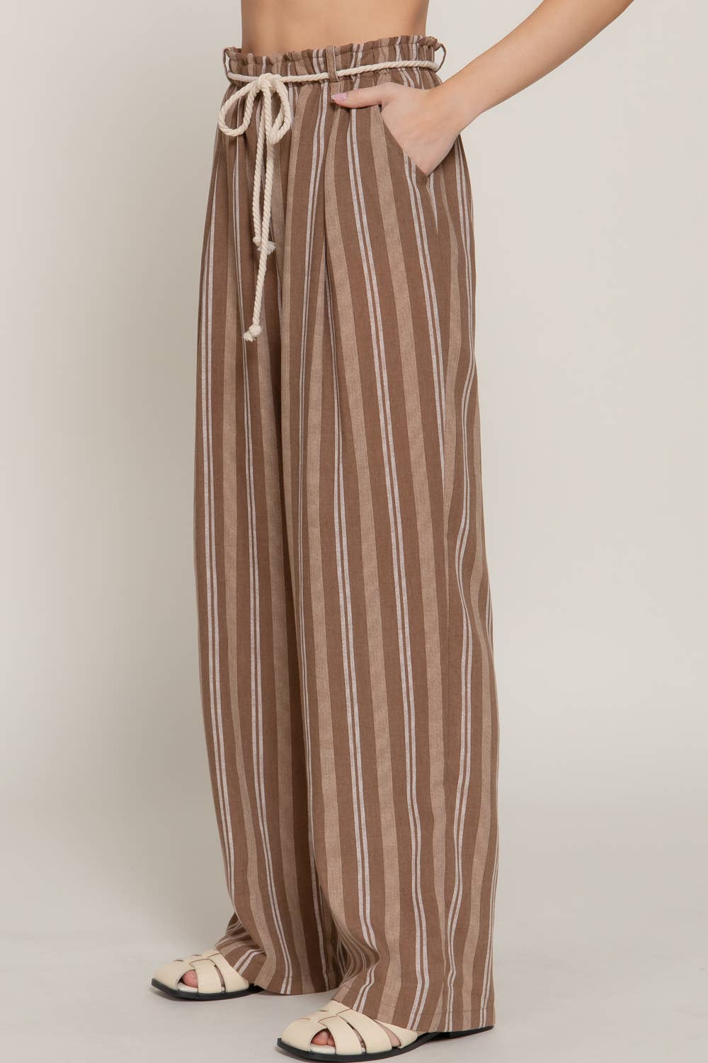 Brown Rope Belted Stripe Poolside Pants