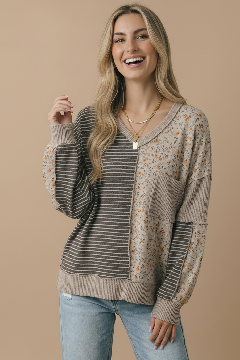 V Neck Color Block Outseam Top