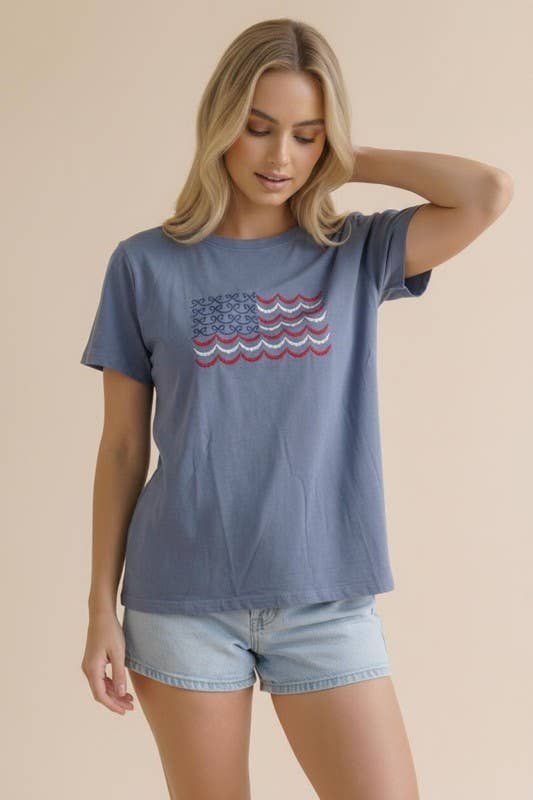 Ribbon and Scallop Embroidery American Flag Top
