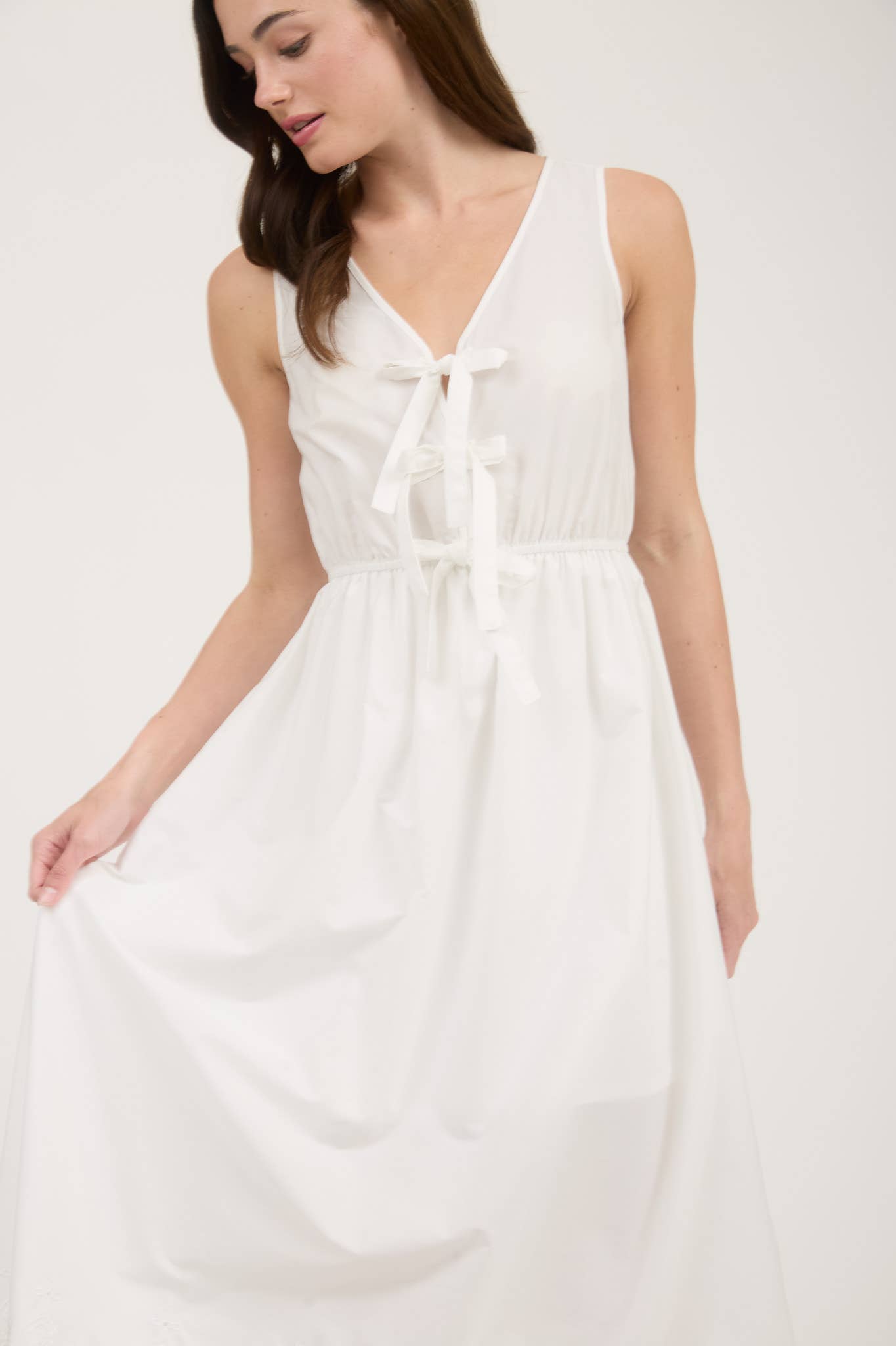 Navy Front Bow Tie Eyelet Hem Dress