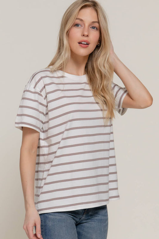 Mocha Short Sleeve Striped Oversized Top
