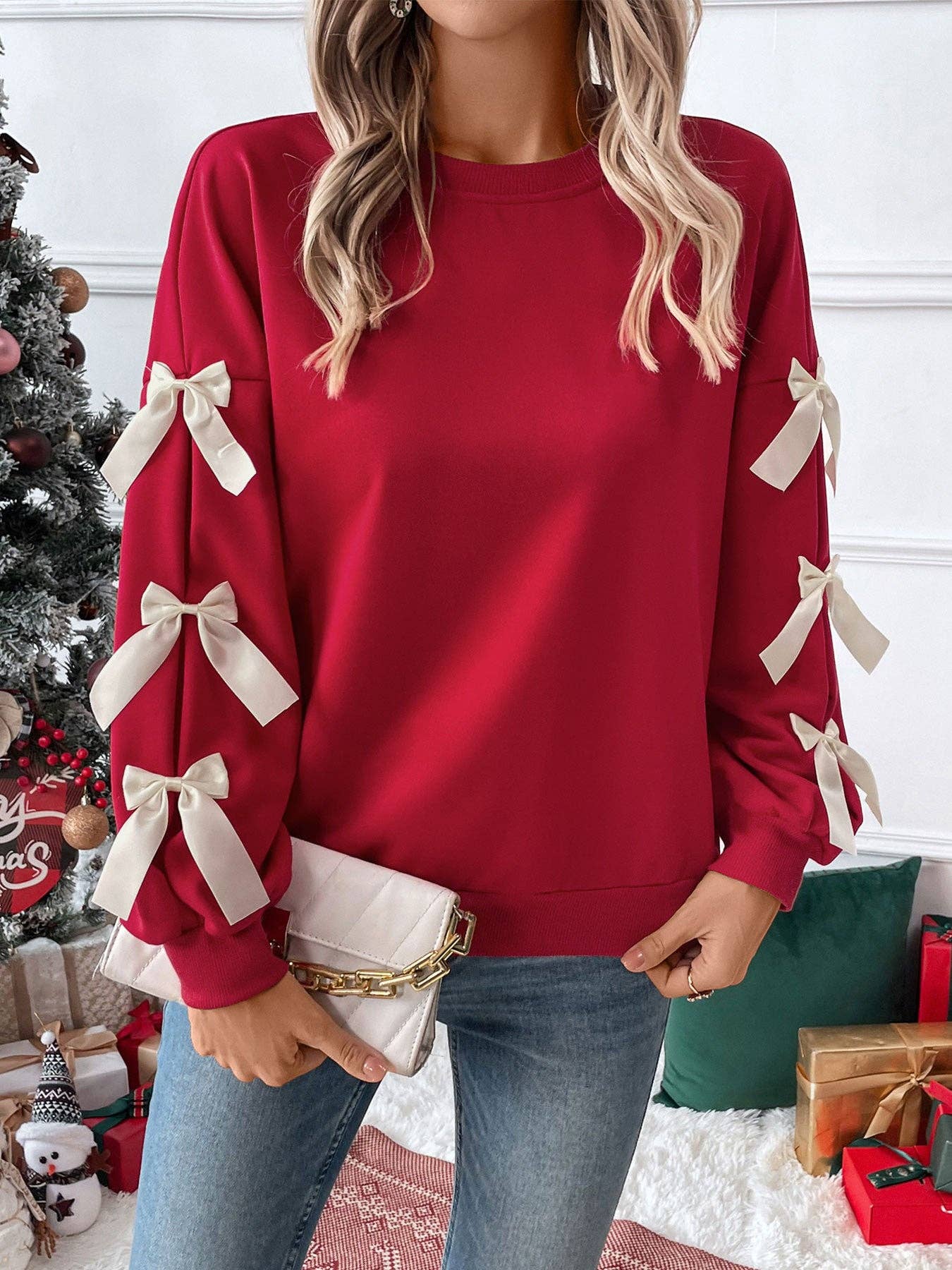 Red Bow Sleeve Sweatshirt