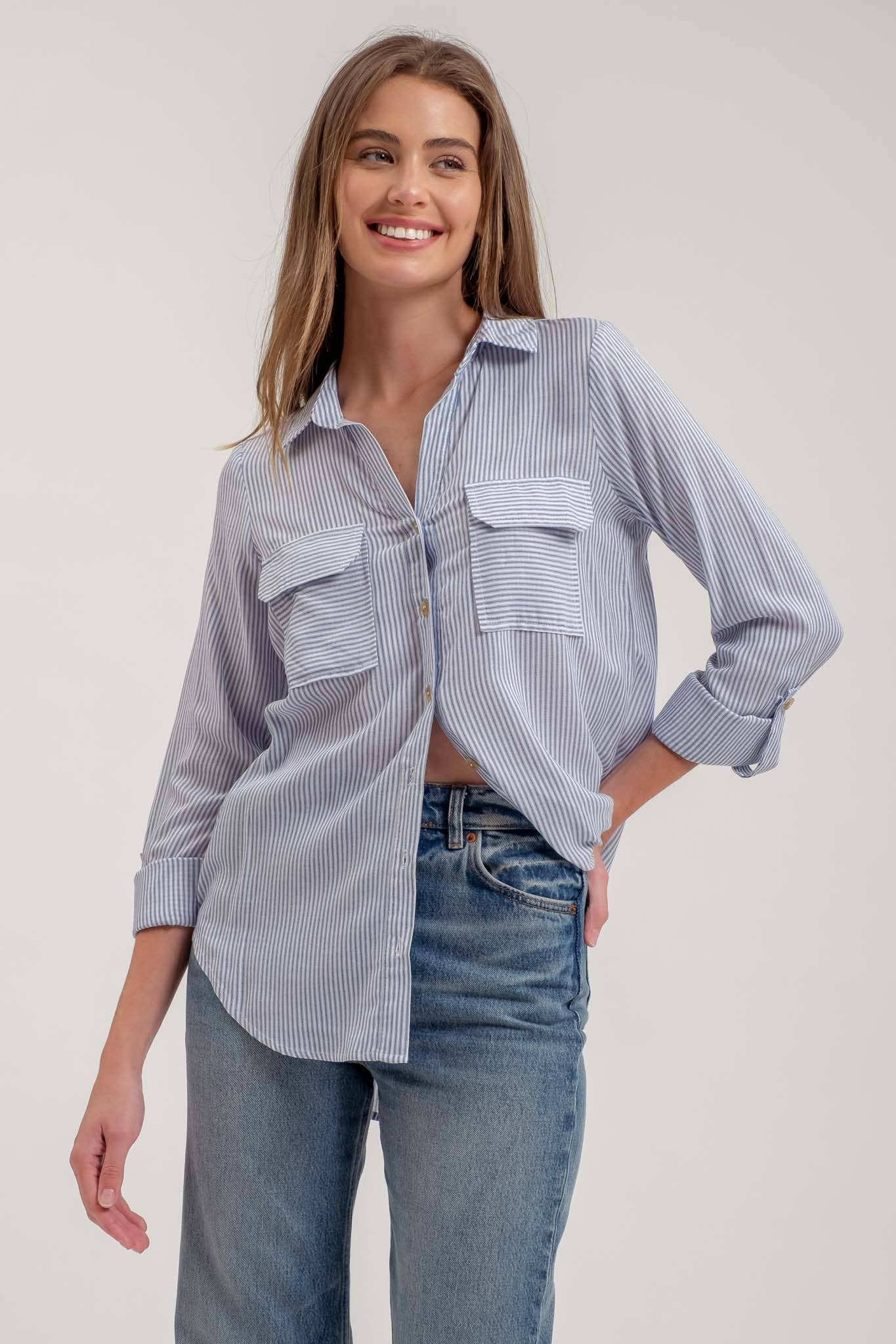 NAVY STRIPED COLLARED BUTTON DOWN WITH POCKETS