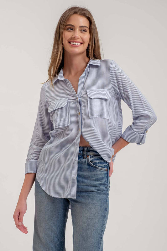 NAVY STRIPED COLLARED BUTTON DOWN WITH POCKETS