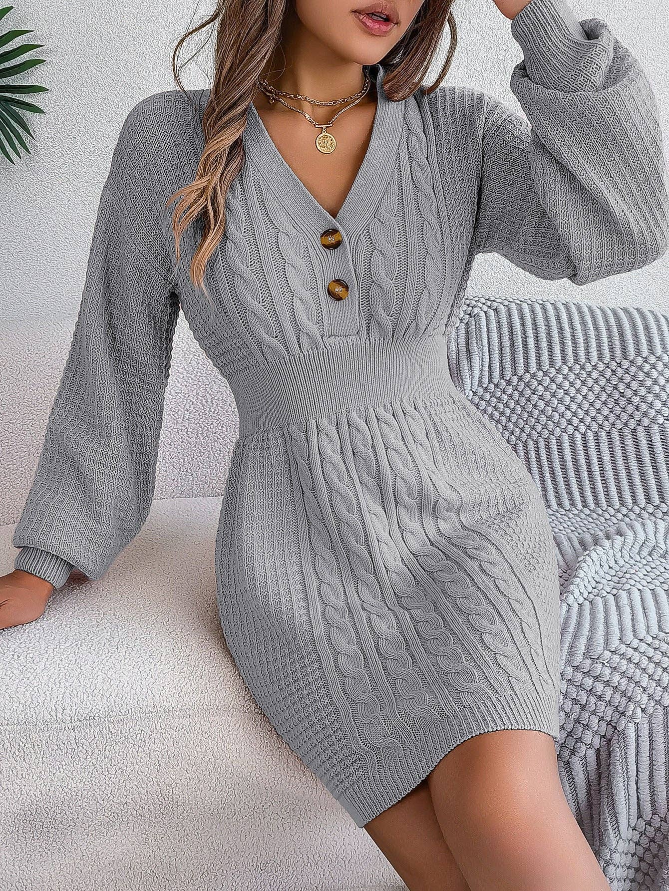 V-Neck Button Down Cable Knit Sweater Dress