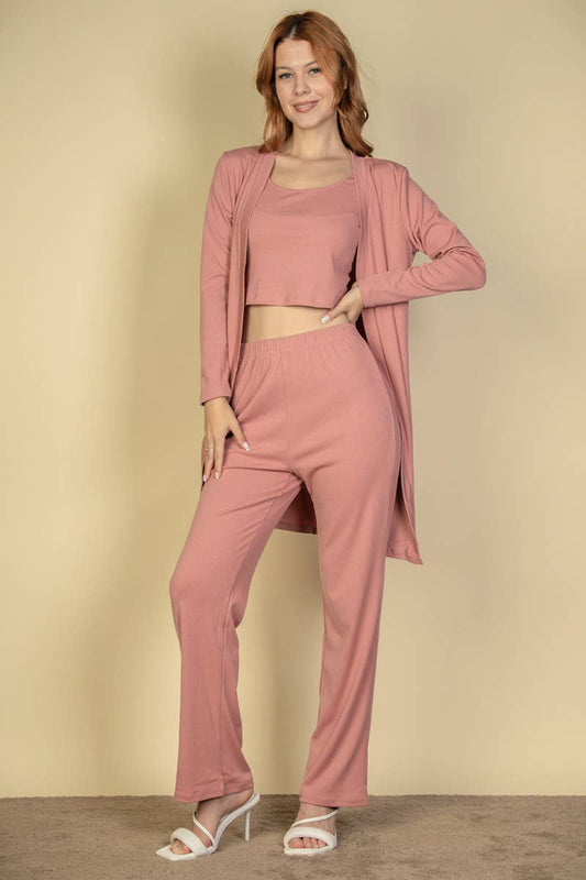 Rose - 3 Pieces Cami Top with Pants and Long Cardigan Set