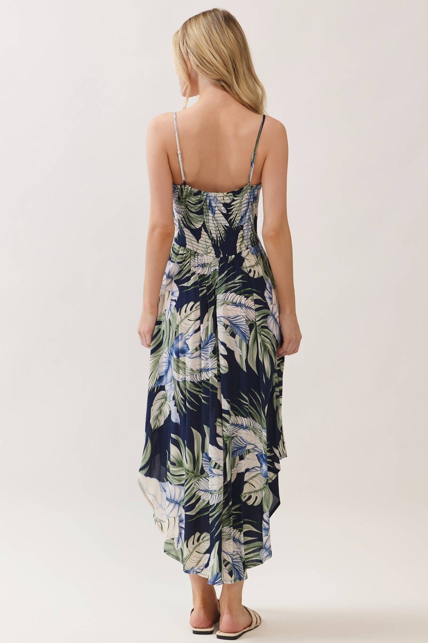Navy Tropical Chest Ruched Midi Dress