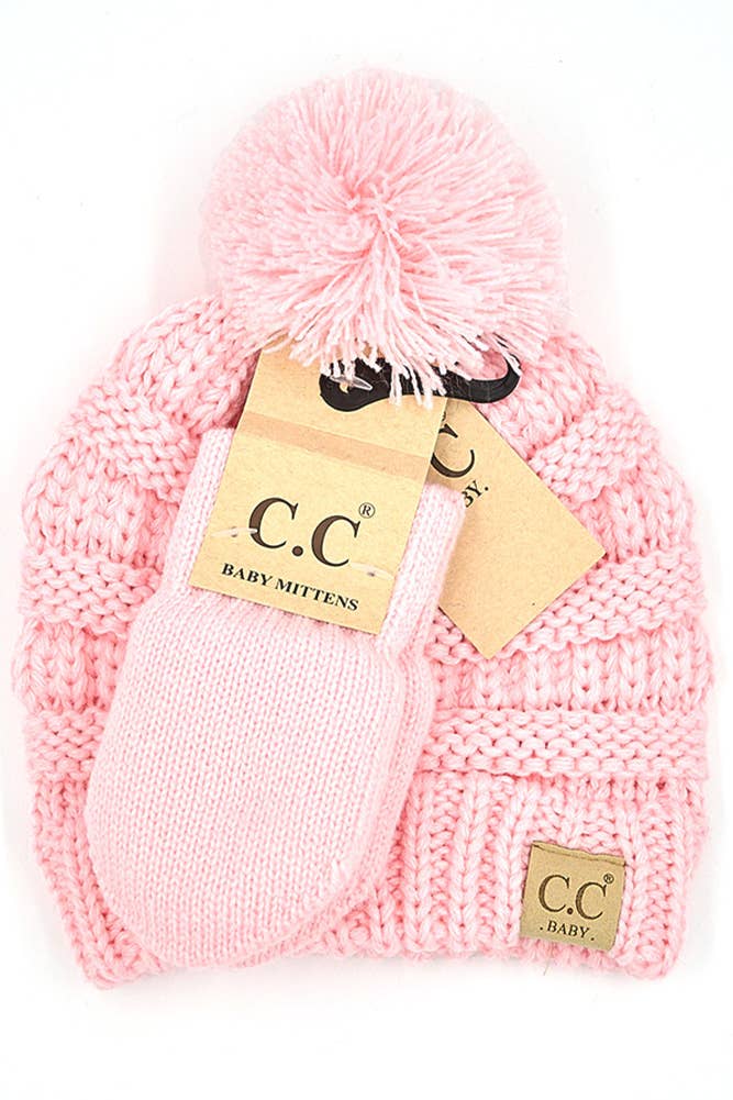 Baby Pom Beanie and Mitten Glove Set