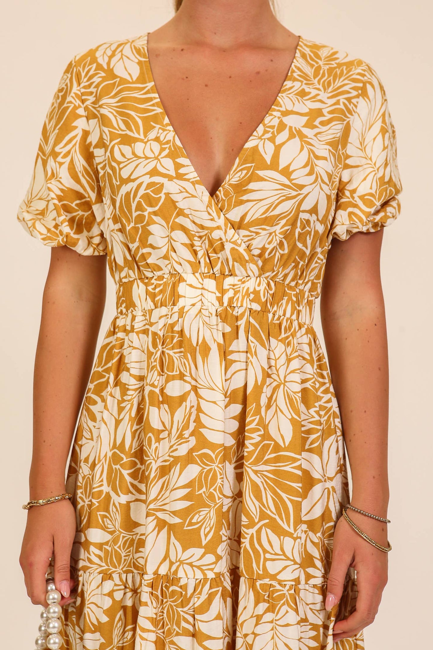 Mustard Floral Puff Sleeve Midi Dress