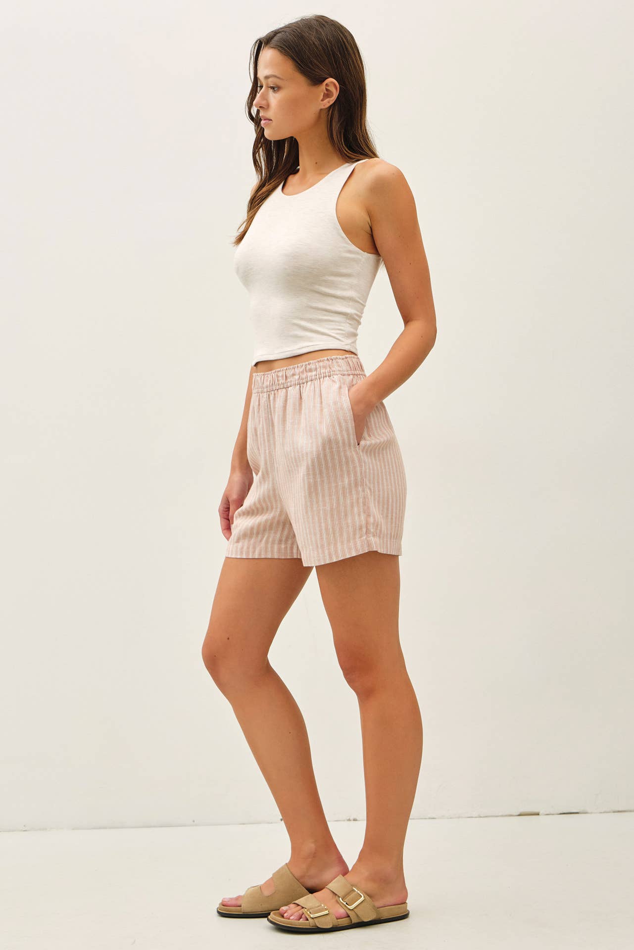 Hazelnut Striped Elastic Waist Shorts