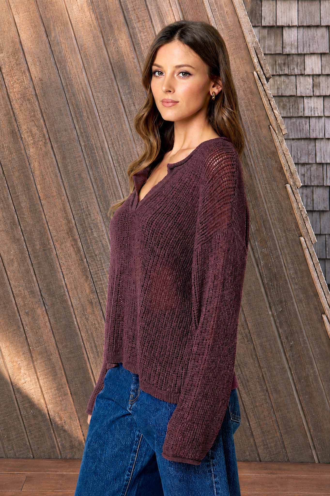 Oxblood Split neck Long Sleeve Sweater