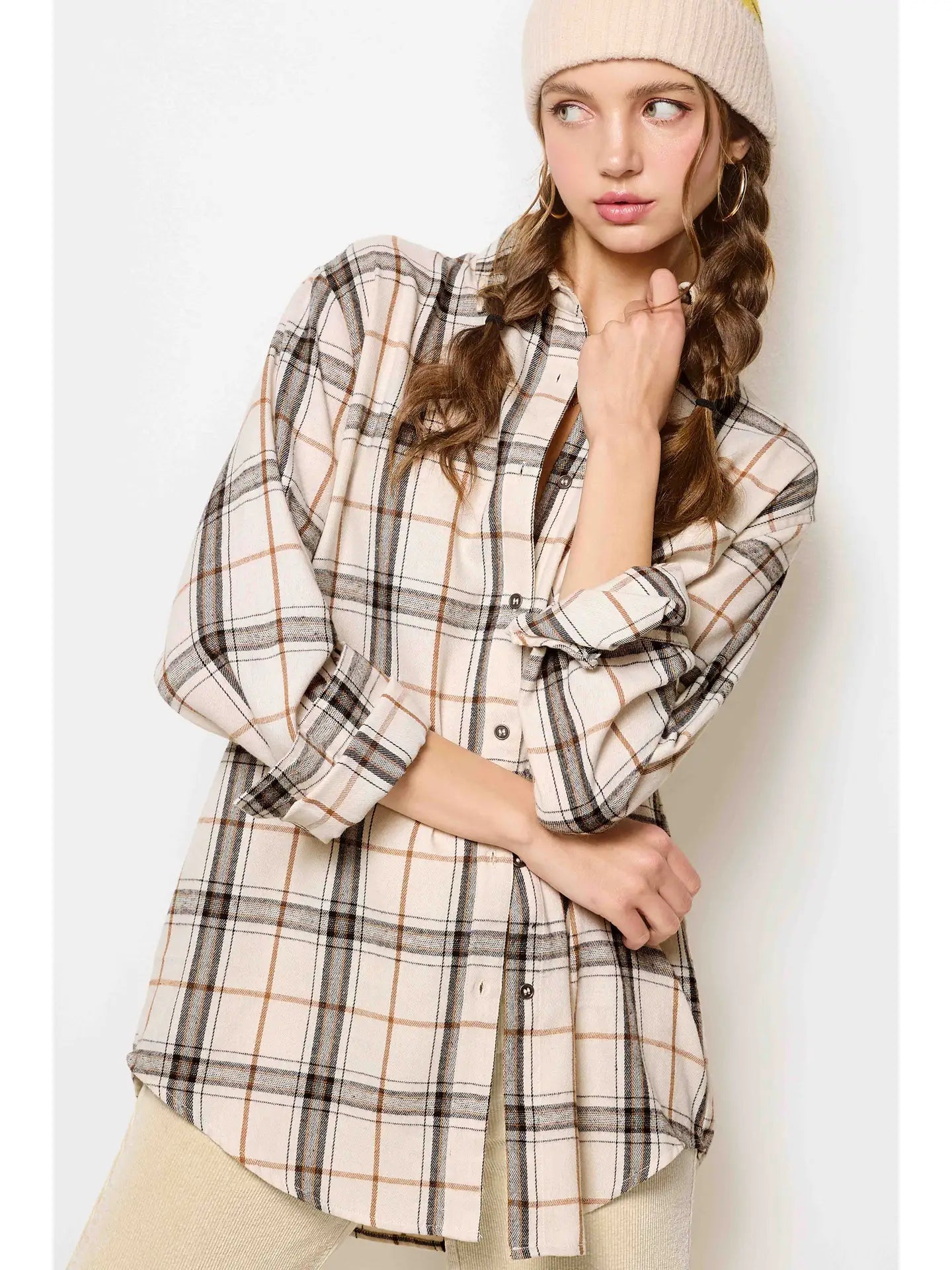 Bone Loose Fit Button Down Soft Plaid Shirt