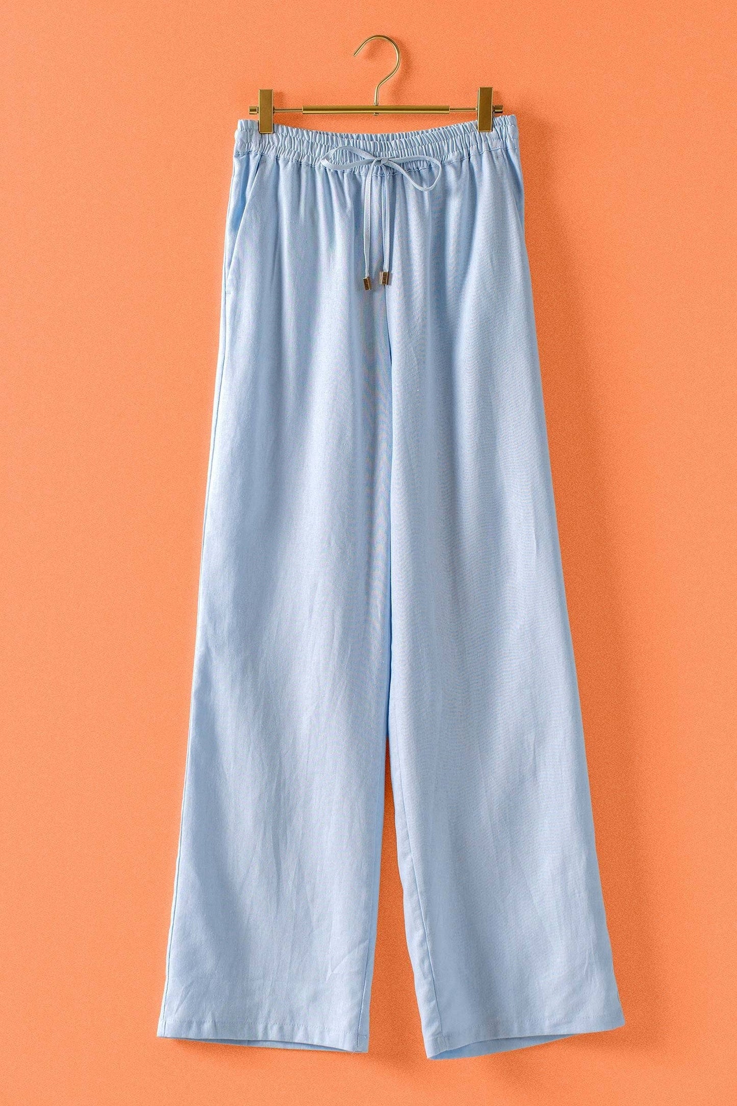 Blue Linen Blend Wide Leg Drawstring Pants