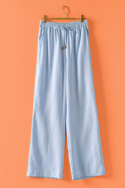Blue Linen Blend Wide Leg Drawstring Pants