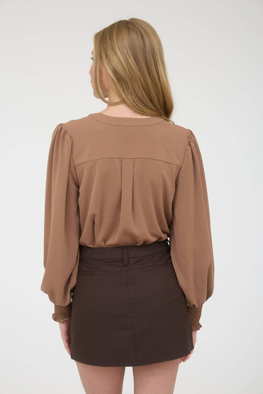 Almond Necktie Smock Cuffed Blouse