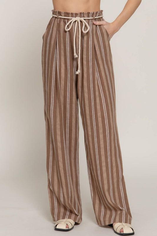 Brown Rope Belted Stripe Poolside Pants