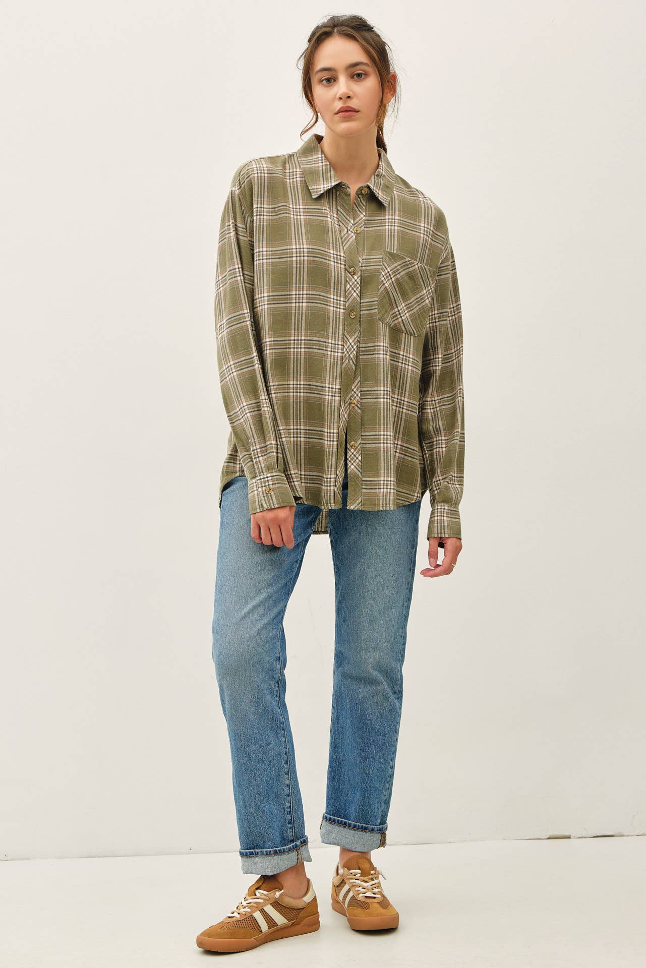 OLIVE PLAID FLANNEL SHIRT