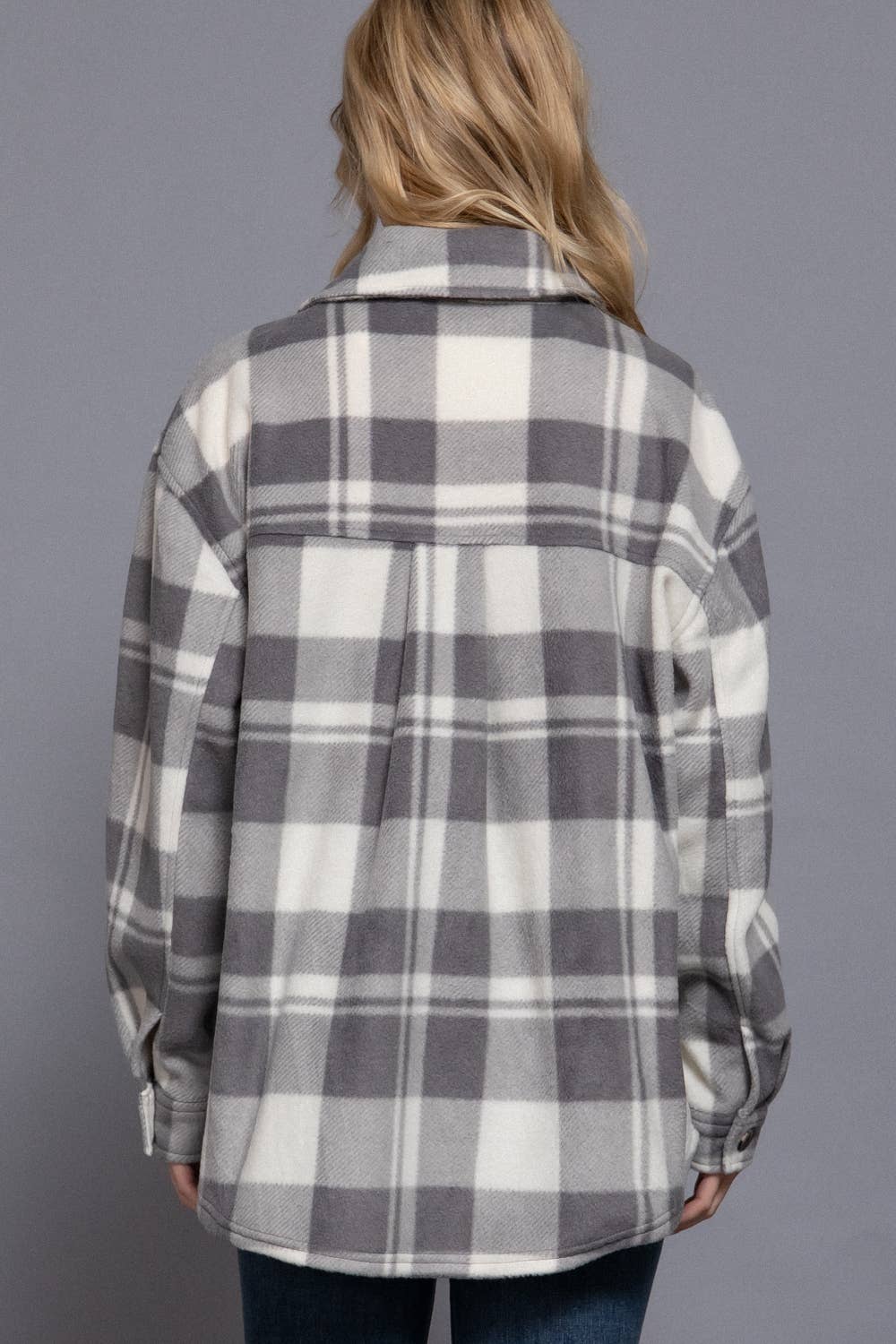 Grey Checkered Print Fleece Shacket