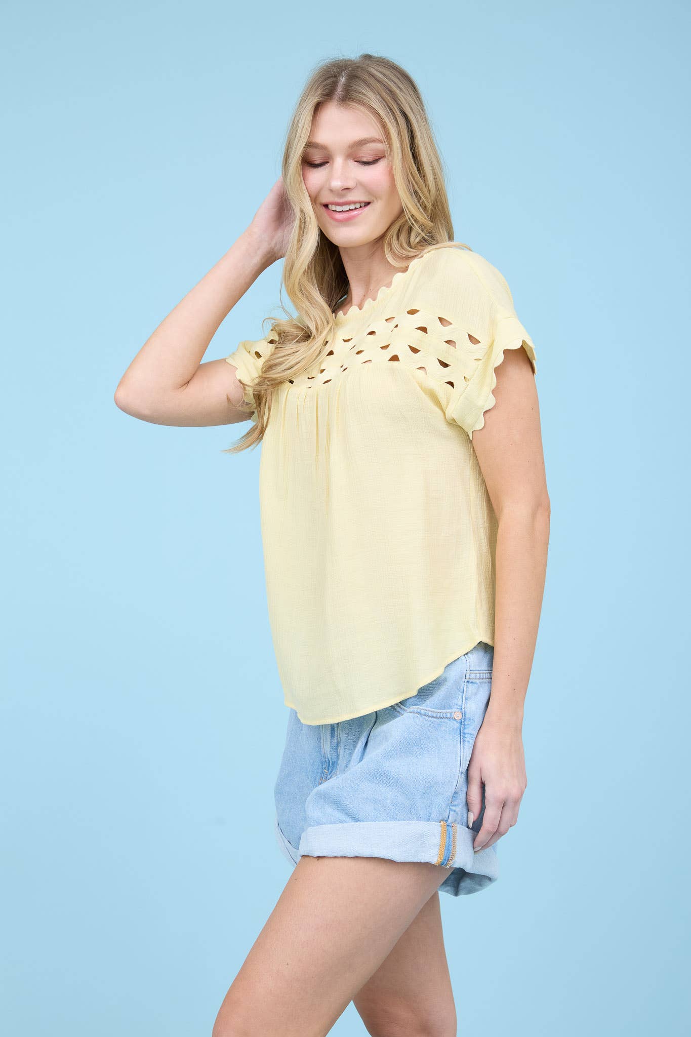 Butter Scallop Trim Cut Out Short Sleeve Blouse