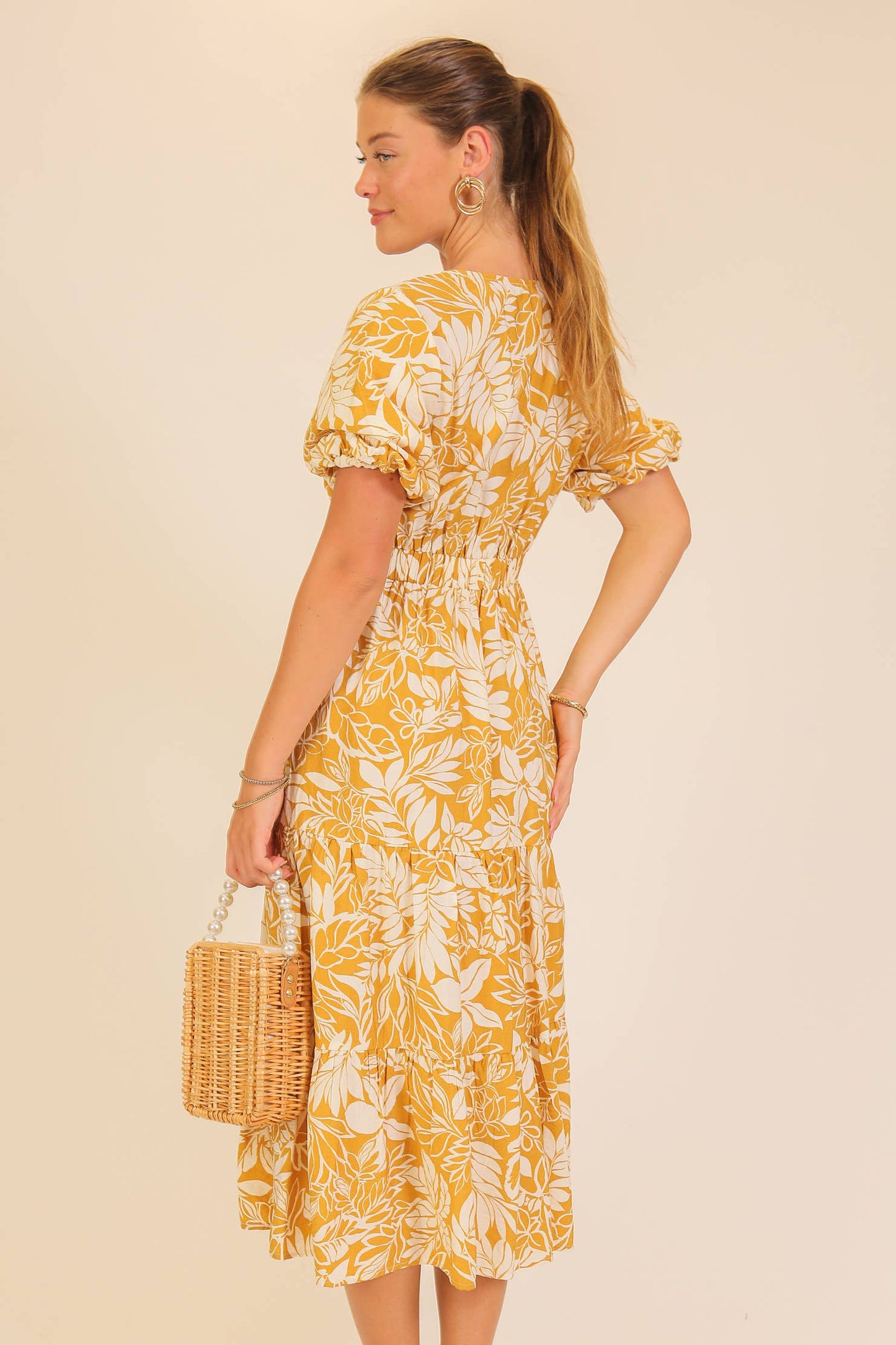Mustard Floral Puff Sleeve Midi Dress