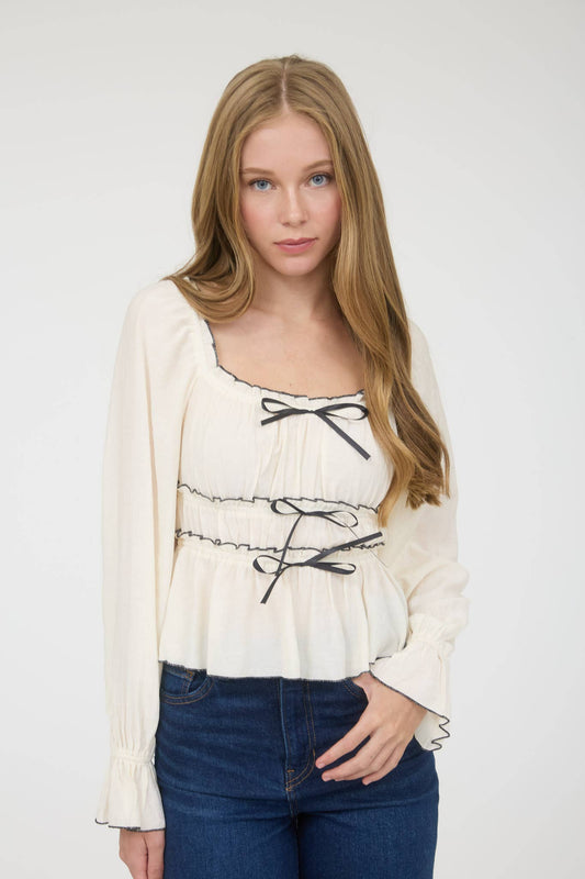 Ivory Contrast Bow Long Sleeve Blouse