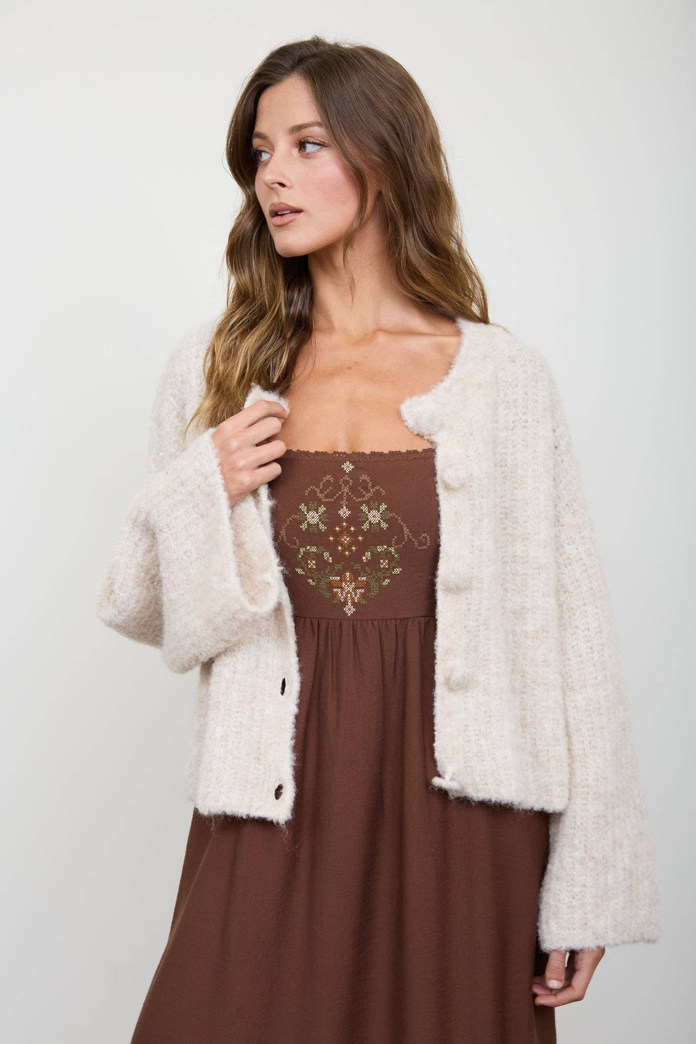 Chocolate Brown Embroidered Bell Sleeve Midi Dress