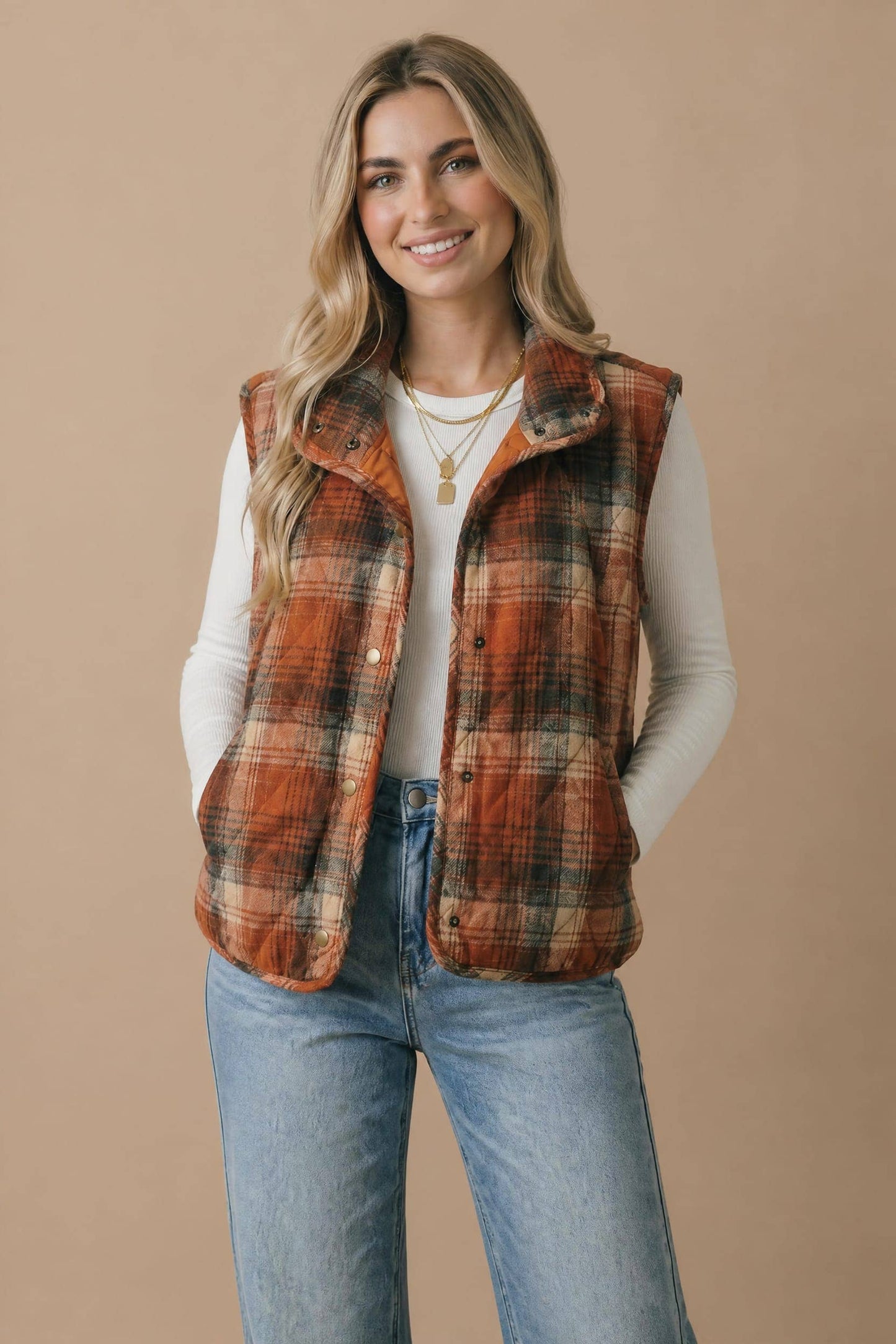Plaid Quilted Snap Button Puffer Vest