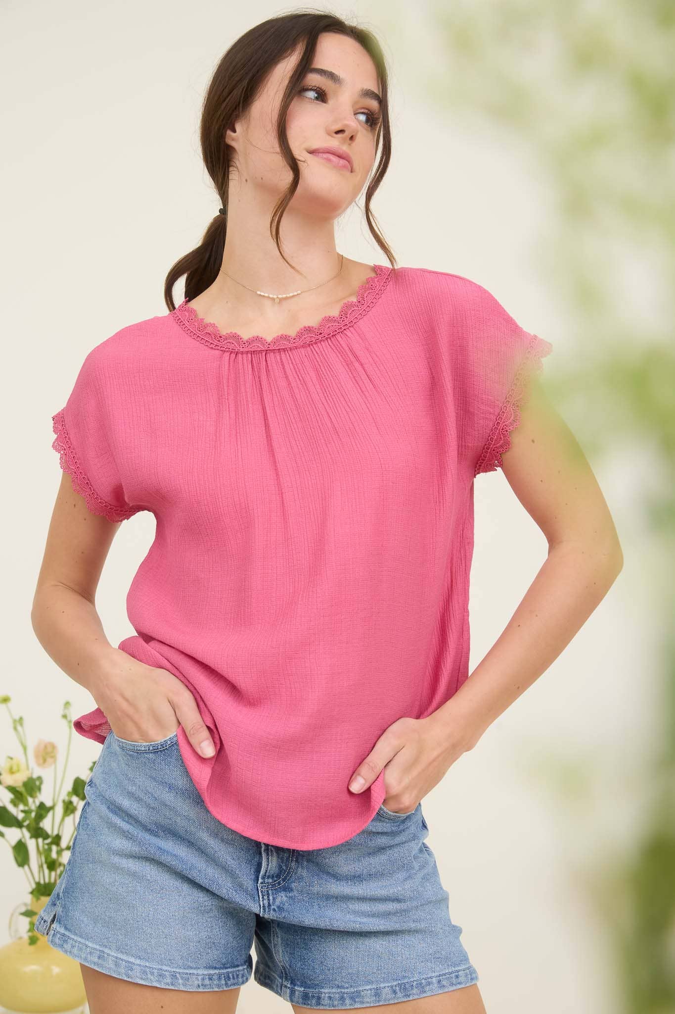 Fuchsia Lace Trim Back Bow Detailed Blouse