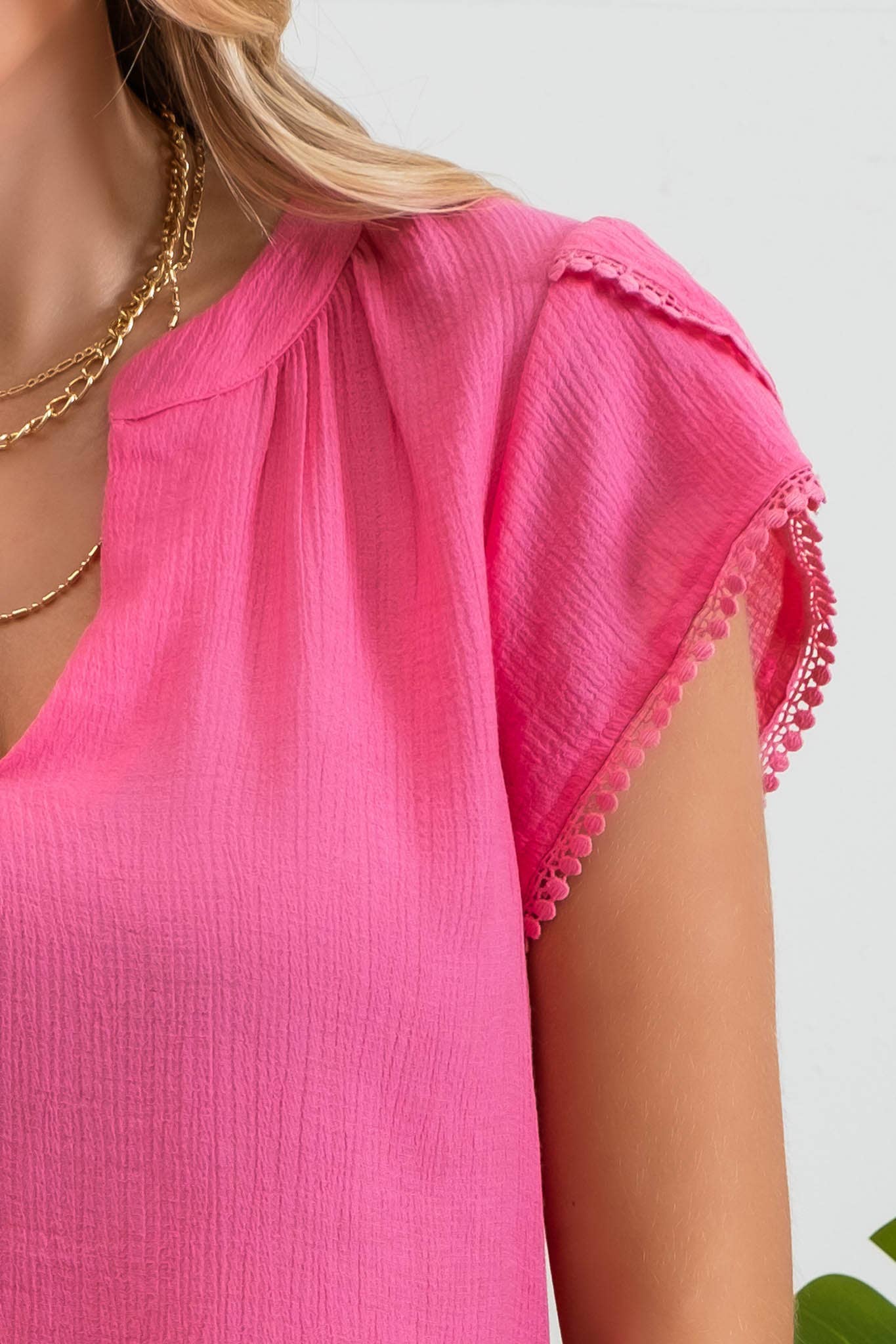HOT PINK SPLIT NECK PETAL SLEEVE BLOUSE