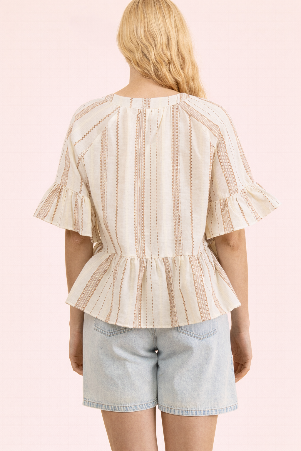 Mocha Striped Half Bell Sleeve Blouse Top