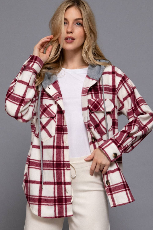 Wine Plaid Button Down with Hoodie Fleece Jacket