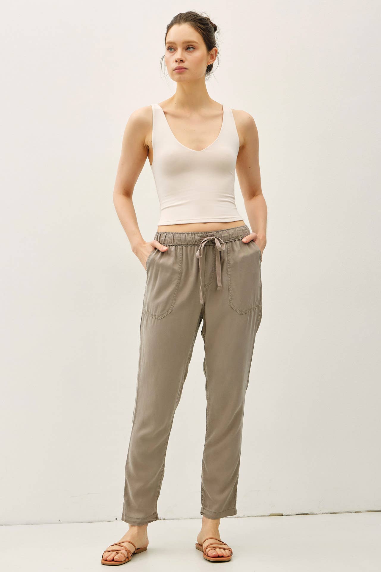Khaki Tencel Ankle Pants