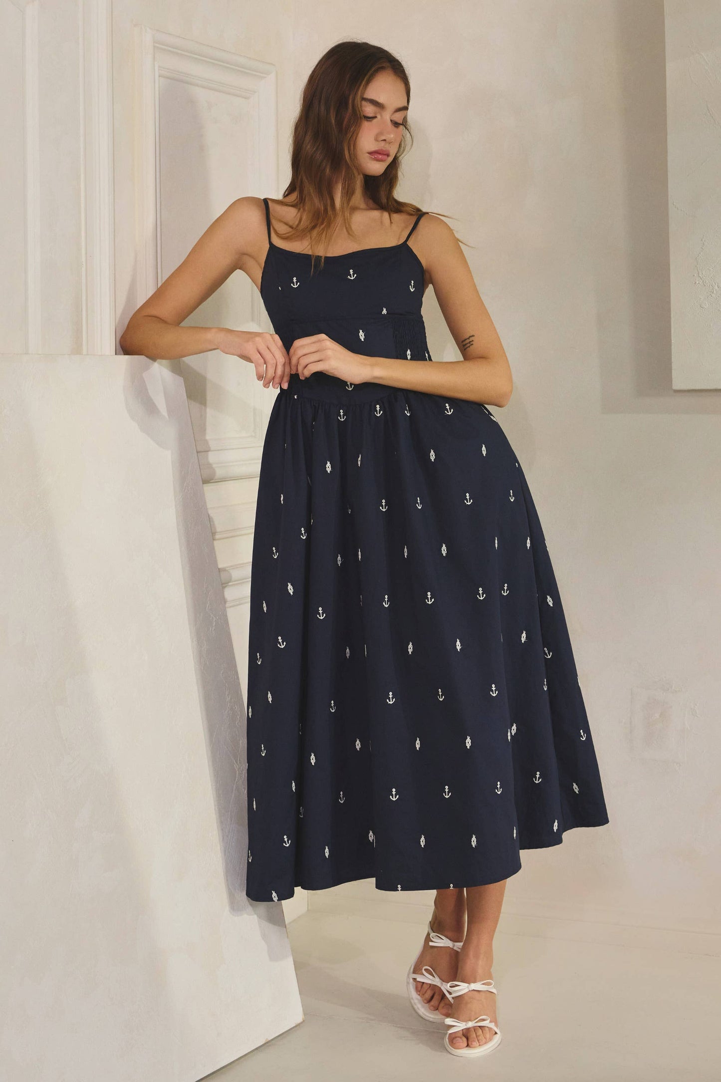 Embroidered Anchor Smocked Maxi Dress