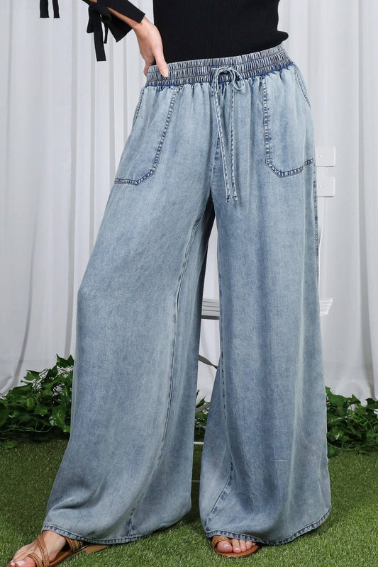 Wide Leg High Waist Chambray Pants
