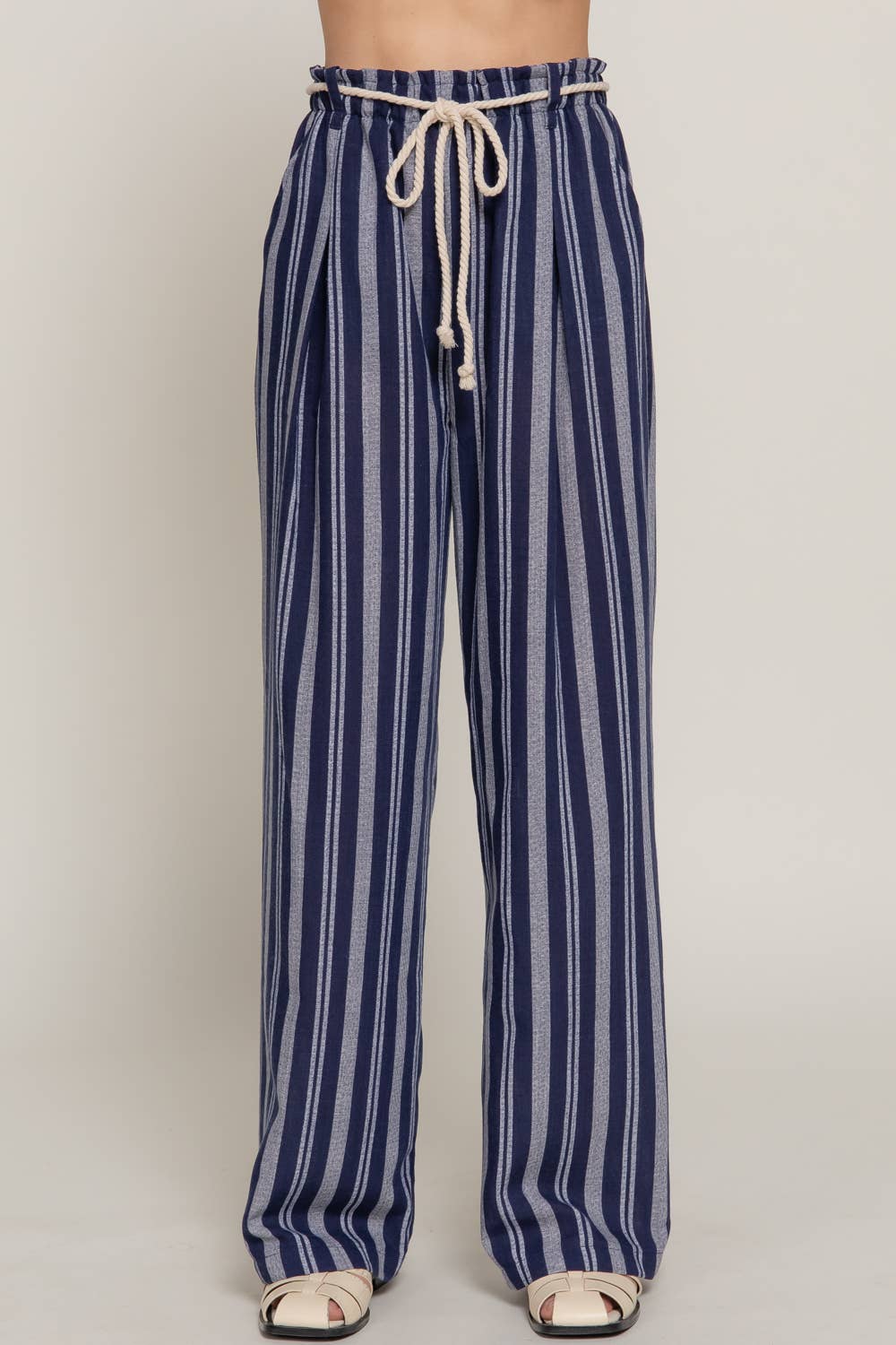 Navy Rope Belted Stripe Linen Pants