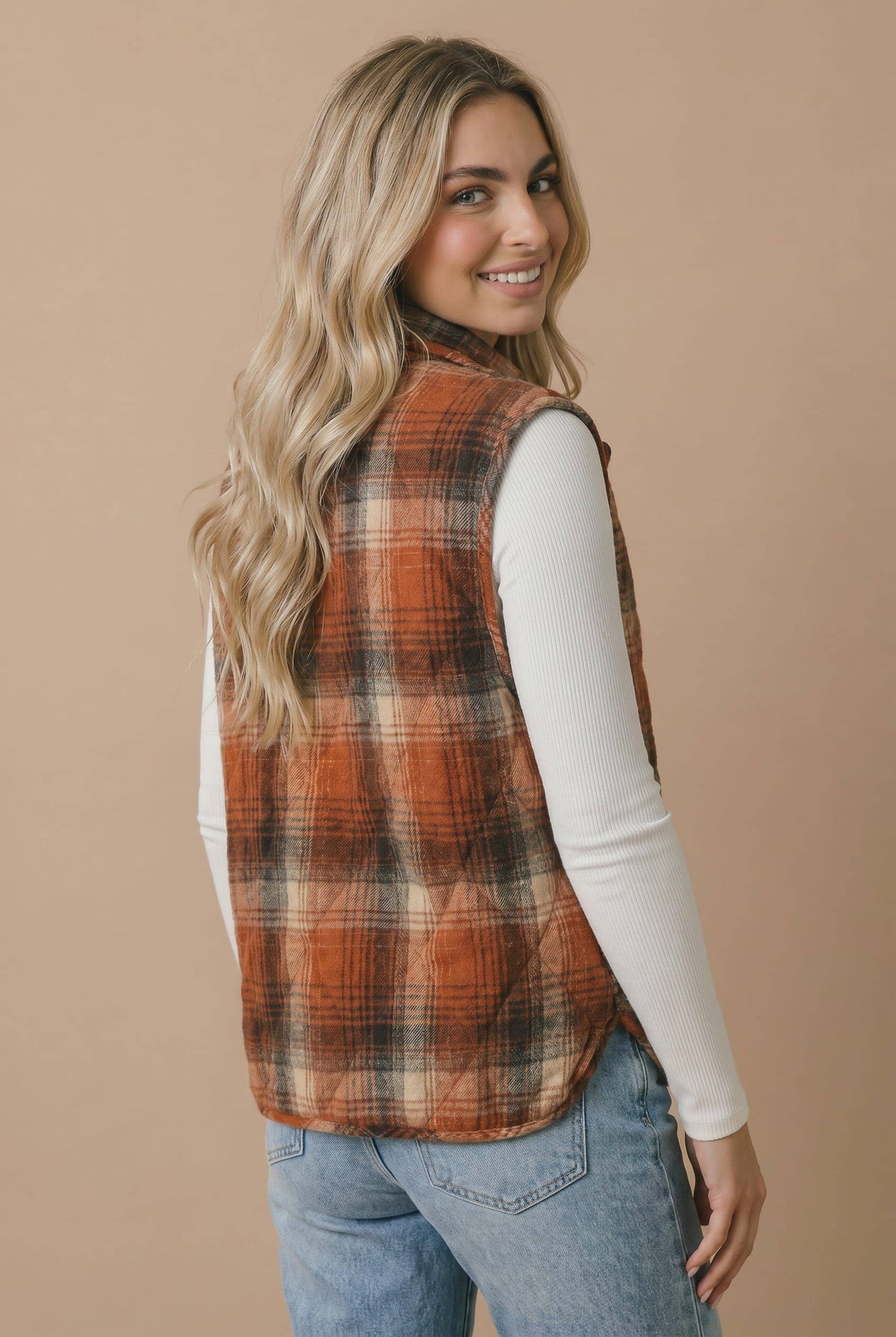 Plaid Quilted Snap Button Puffer Vest