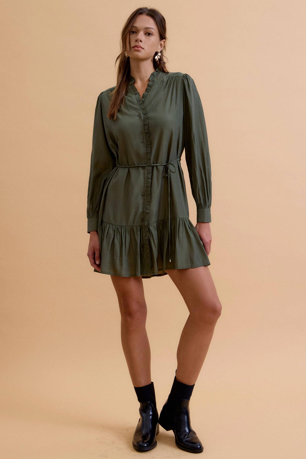PINE RUFFLED MINI SHIRT DRESS