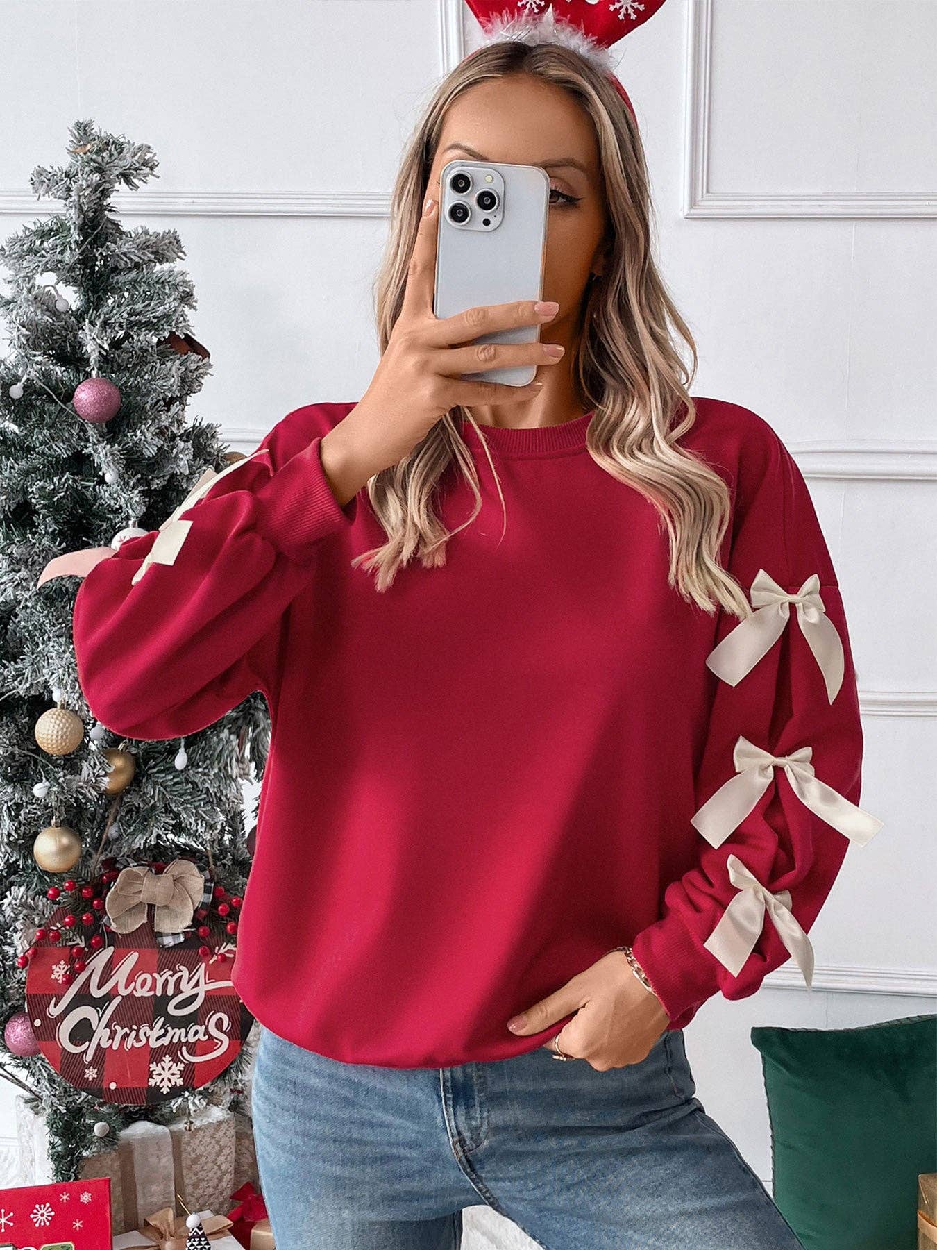 Red Bow Sleeve Sweatshirt