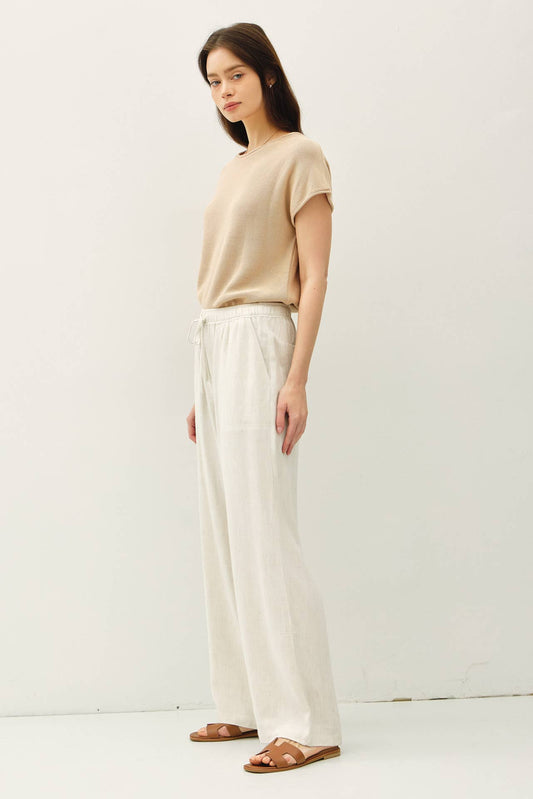 NATURAL LINEN BLEND WIDE LEG PANTS