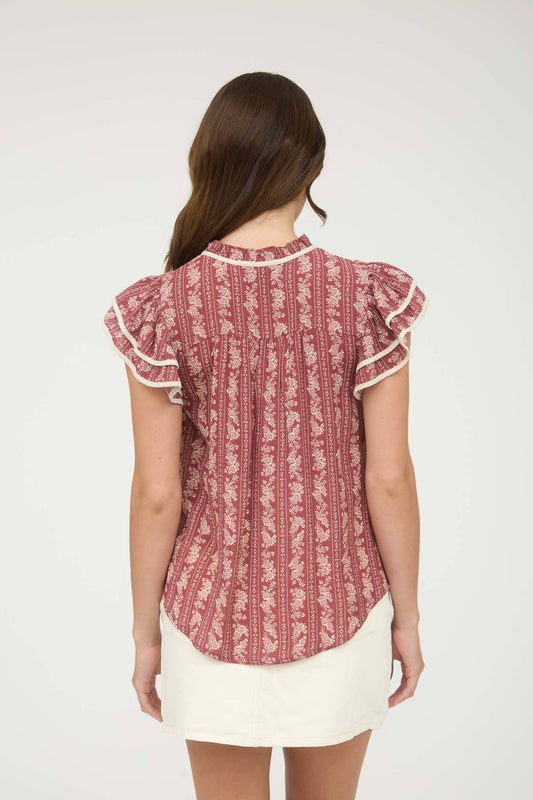 BURGUNDY FLORAL PRINT FRONT TIE RUFFLE TOP