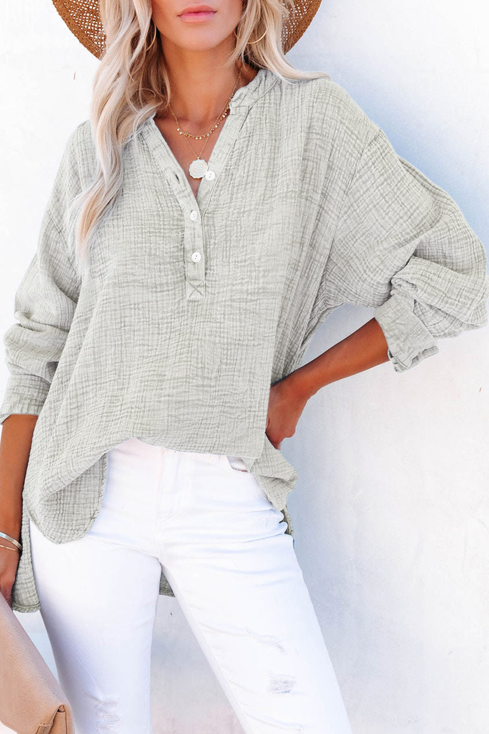 Cotton Crinkle Henley Top