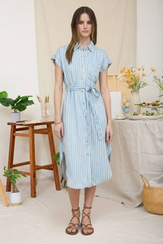 Striped Chambray Tie Belt Midi Dress