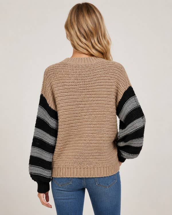 Raccoon Sweater With Striped Sleeves