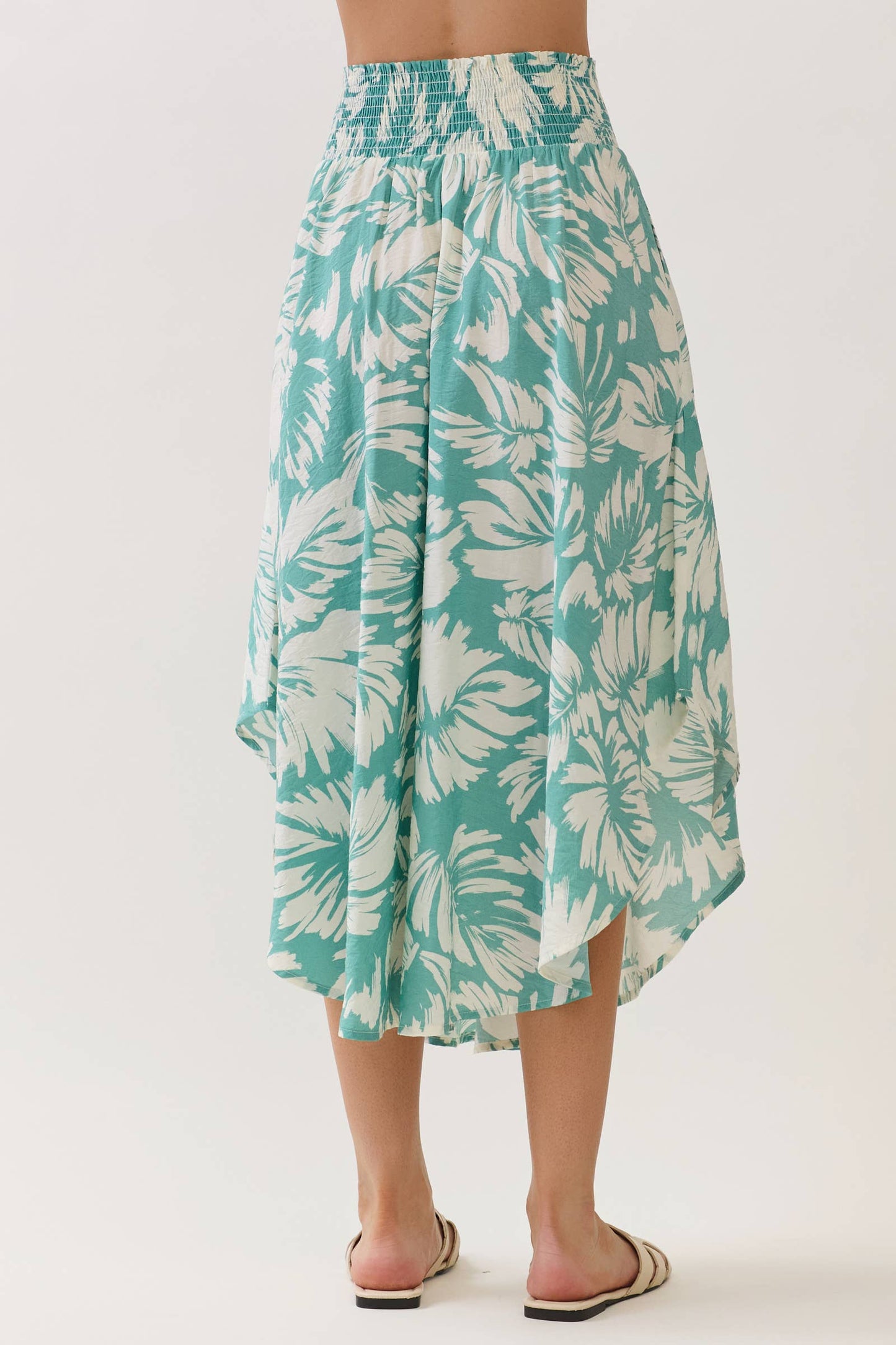 Sage Green Floral Waist Smocked Round Bottom Midi Skirt