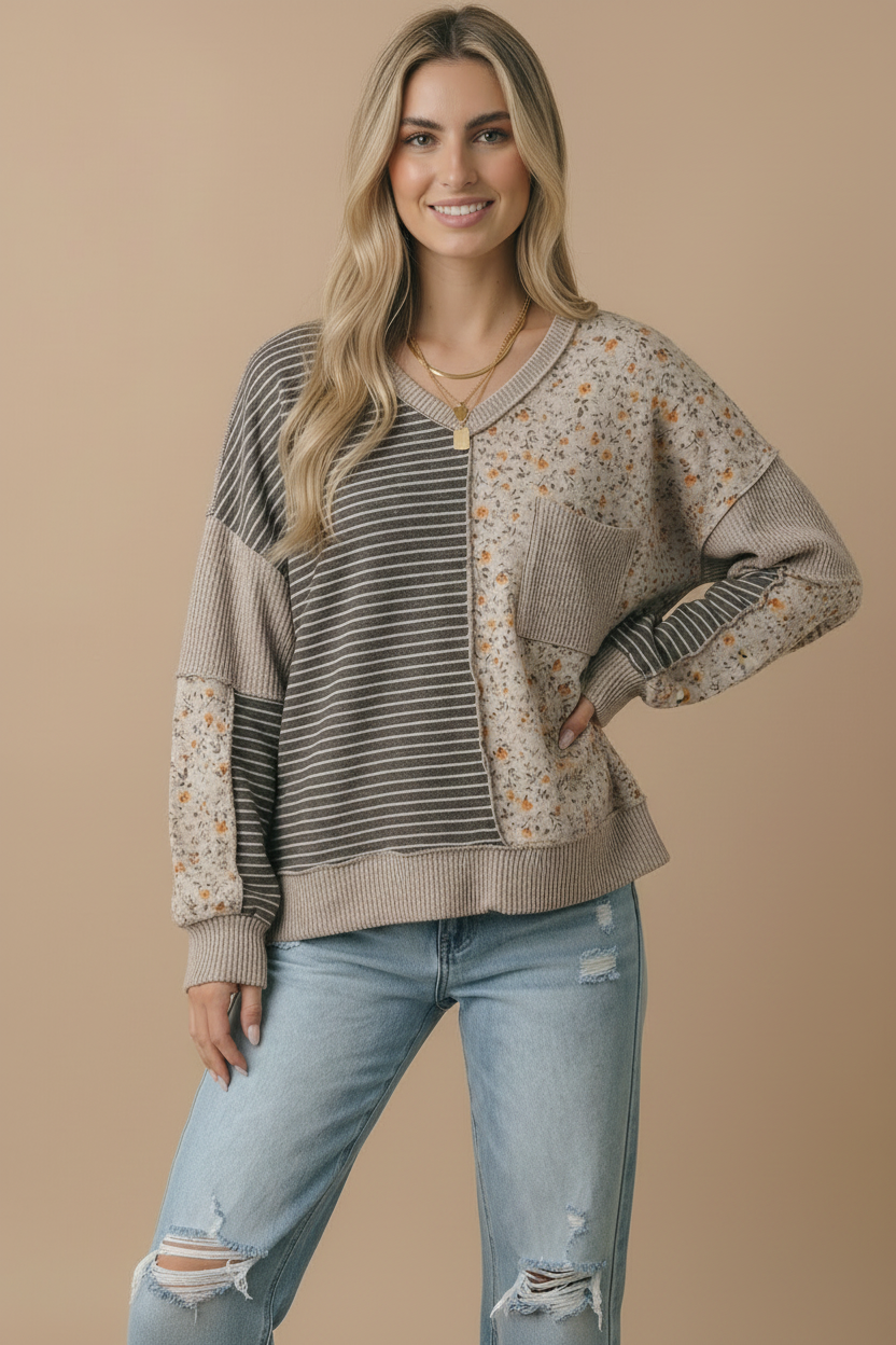 V Neck Color Block Outseam Top